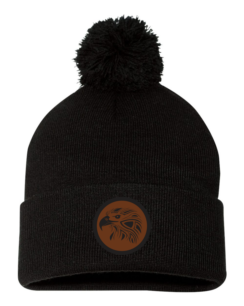 Pom-Pom Toque Black with Engraved Leather Patch - Metepenagiag School - 2024-25